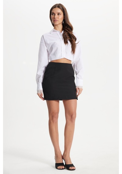 Tudors Kadın Slim Fit Dar Kesim Yırtmaç Detaylı Likralı Siyah Etek-50879