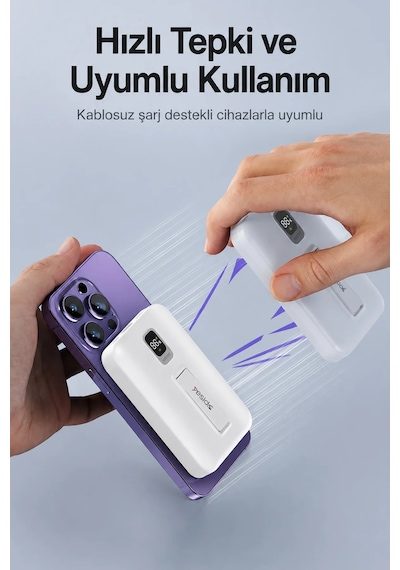 Exenar - Beyaz - 15w Kablosuz Şarjlı Powerbank Standlı Magsafe Pd 20w Hızlı Şarj 10.000 Mah Dijital Göstergeli