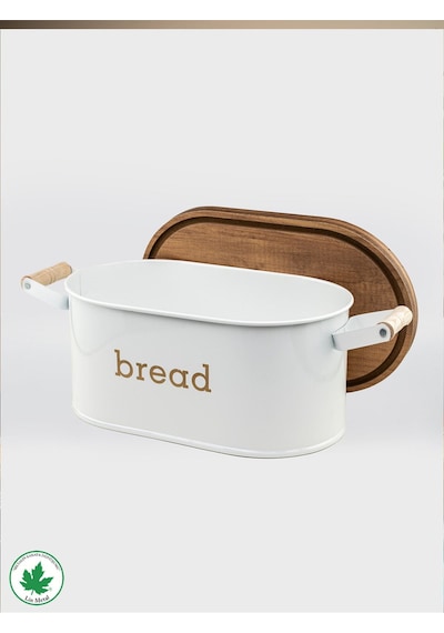 Ahşap Kapaklı Ahşap Kulplu Metal Ekmeklik Bread Baskılı - Beyaz Beyaz