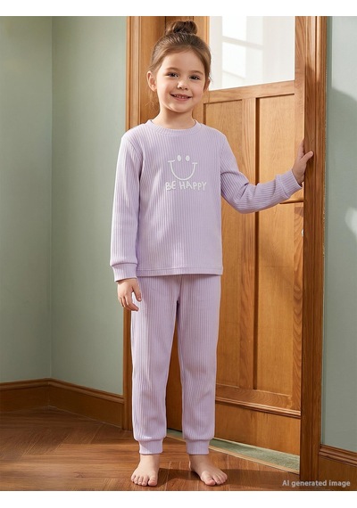 Minidamla Gülen Yüz Baskılı 1-7 Yaş Pijama Takımı - Lila