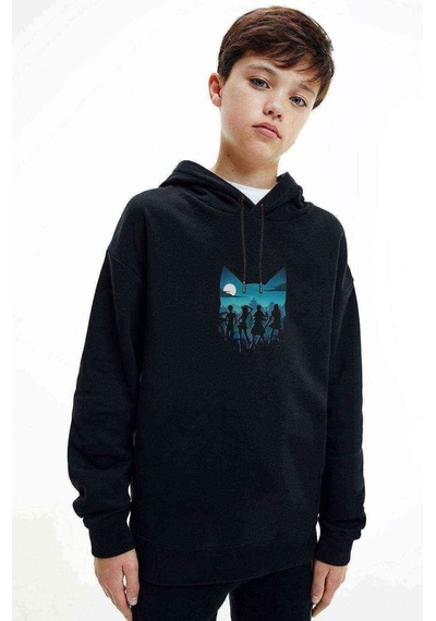 Silhouette Cat Baskılı Unisex Çocuk Kapüşonlu Siyah Sweatshirt Siyah