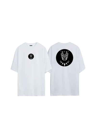 Thewert Unisex Kara Panter Ön Arka Baskılı Beyaz Oversize T-shirt