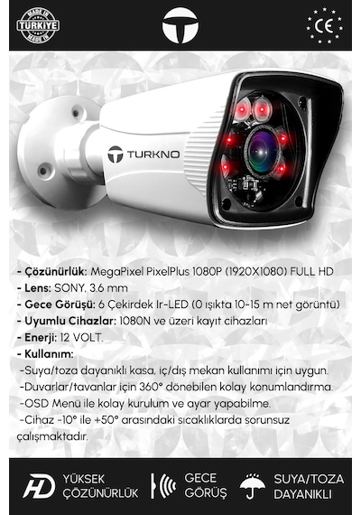 Turkno 4 Kameralı Karia 4 Dış Kamera Set 100 GB HDD Full HD Gece Görüşlü Güvenlik Kamerası Sistemi