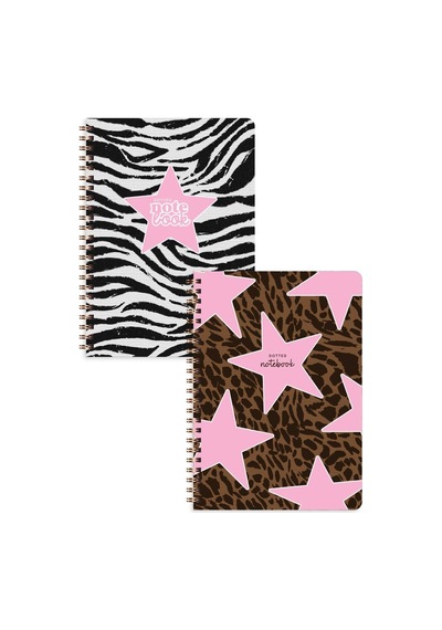 A5 Spiralli Karton Kapak 2'li Set Noktalı Okul Defteri 80 Yaprak, Ders Programlı Leopar Zebra Yıldız Genel