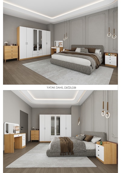 Asra Trend Yatak Odası Takımı 5 Parça %100 Mdf Gardırop Şifonyer Makyaj Masası Komodin Ytk01 Beyaz - Karına