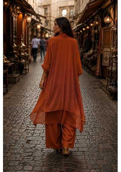 Bohem Stil Italyan Ipek Detaylı Oversize Kap Bluz- Wes Pantolon Takım Kiremit