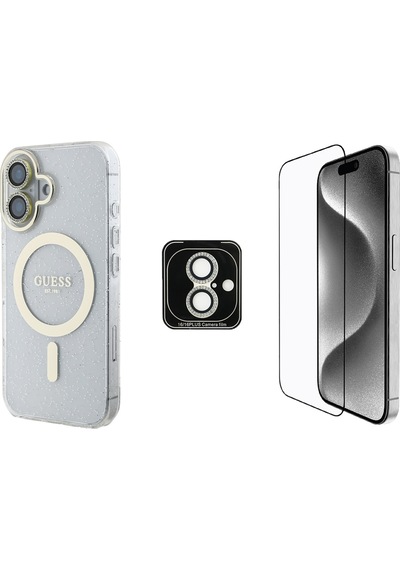 Apple Uyumlu iPhone 16 Guess Lisanslı 3'lü Aksesuar Seti Iml Simli Glitter Kılıf Ekran Ve Lens Koruyucu Şeffaf