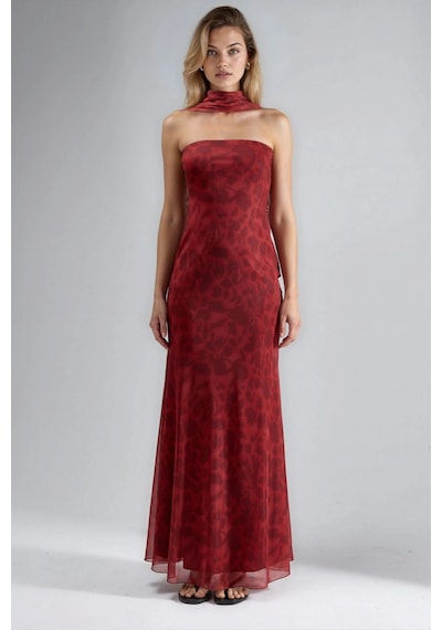 Hiccup Straplez Çiçek Desenli Tül Kuşaklı Bodycon Maxi Elbise Kırmızı
