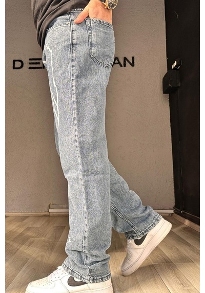 Erkek Şimşek Desenli Baggy Pantolon Buz Mavi