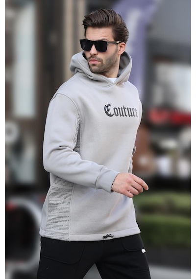 Madmext Boyalı Gri Kapüşonlu Baskılı Erkek Sweatshirt 7090 Gri