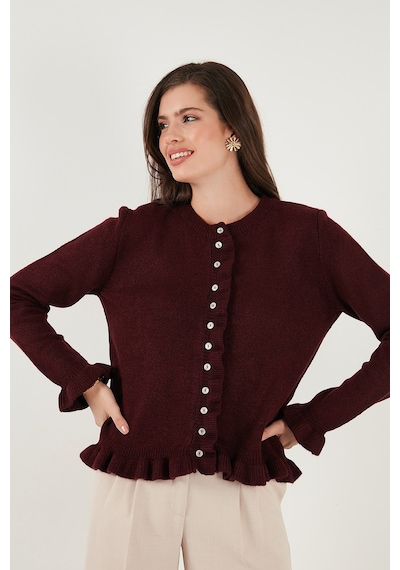 Lela Premium Pile Detaylı Regular Fit Yuvarlak Yaka Triko Bayan Hırka 680Hi00038 Bordo