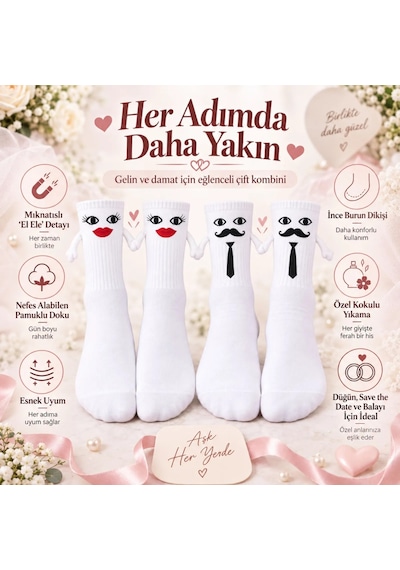 Womanandkids Wak Mıknatıslı Gelin Damat Çorabı 2 Çift El Ele Tutuşan Düğün Çeyiz Bohça Eğlenceli Set Beyaz