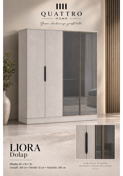 Liora 4 Kapaklı Aynalı Genç Odası Dolabı Beyaz