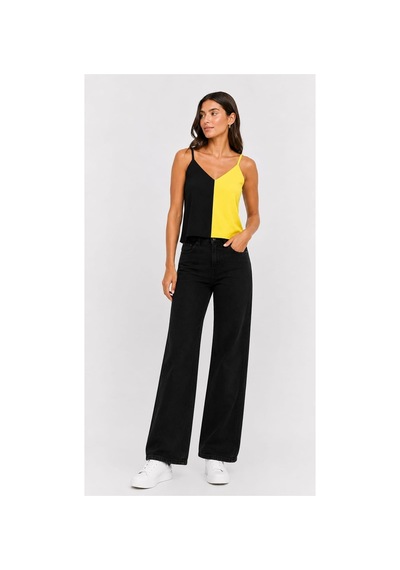 Onno Style Women Kolsuz Askılı V Yaka Triko Kadın Bluz Sarı - Siyah