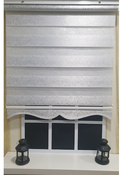 Zebra Stor Perde Sarmaşık Desen Gümüş Simli Etek Dilimli Stb9300 V 01