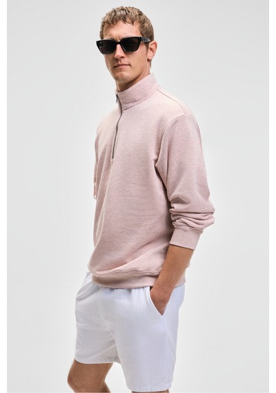 Grımelange NESTOR Erkek Relaxed Fit Dik Yakalı Yarım Fermuarlı Uzun Kollu Pembe Melanj Sweatshirt