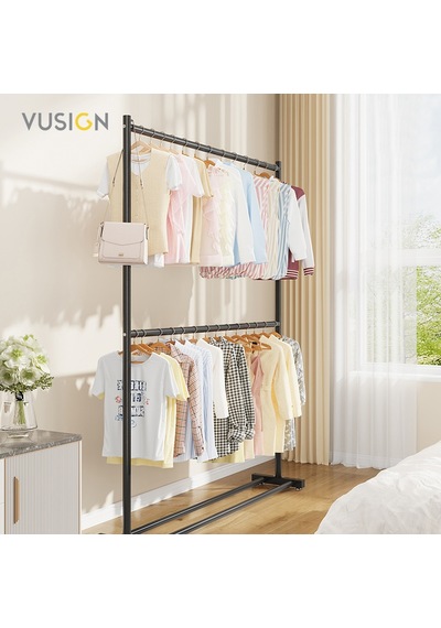 Vusıgn 2 Katlı Karbon Çelik Elbise Askısı Metal Kıyafet Askılığı 100x180 Cm Ahşap Rengi