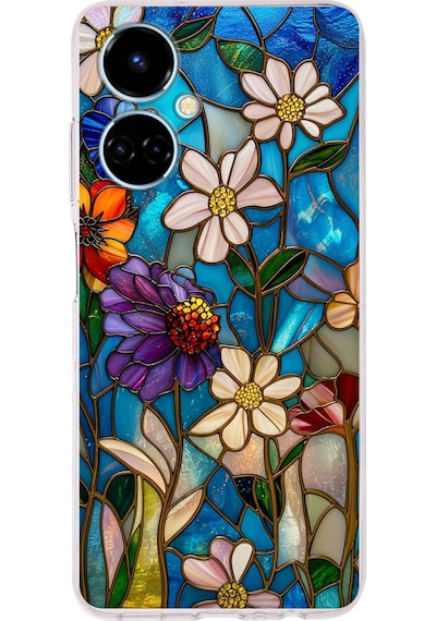 Printify Tecno Camon 19 İle Uyumlu Vitray Mavi Bahar Tasarımlı Şeffaf Silikon Kılıf Şeffaf