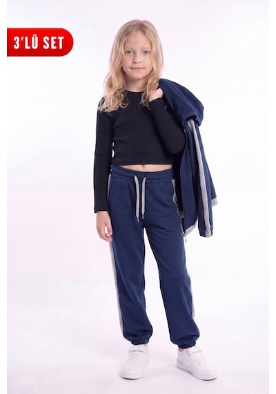 Fyk Kids Kız Çocuk Fitilli Crop Ve Şerit Detaylı Eşofman Takımı Seti Lacivert