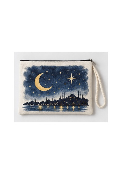 İstanbul Gece Silüeti Baskılı Fermuarlı Makyaj Çantası Bozuk Para Cüzdanı Clutch