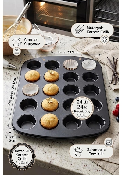 24'lü Mini Muffin Kalıbı Yanmaz Yapışmaz Karbon Çelik Kek Ve Kapkek Fırın Tepsisi 39.5x24.5 Cm Gri