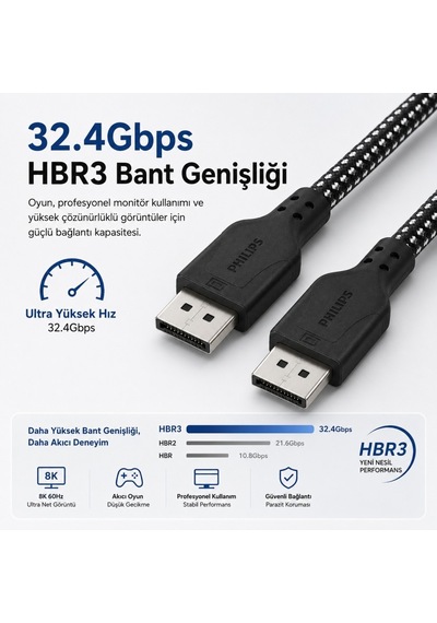 Philips Swr3139b 2 Metre Örgülü Displayport 1.4 Kablo, Dsc, 8k 60hz, 4k 240hz, 2k 360hz, 1080p 480hz, Hdr, 32.4 Gbps Dp Kablo 59400937