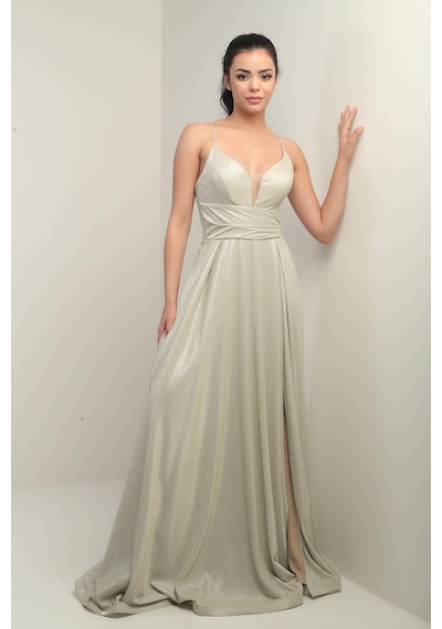 By Saygı İp Askılı Astarlı Simli Uzun Abiye Elbise-41183 Gold