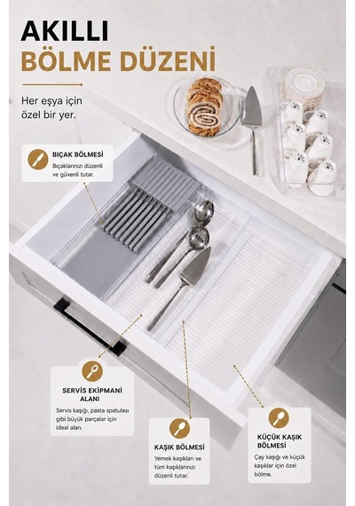 Çekmece İçi Bıçaklık Organizer Bölmeli Mutfak Düzenleyici Gri S-11029 Çok Renkli