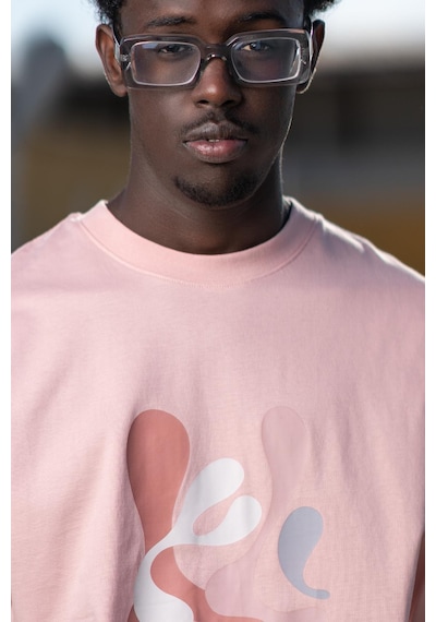 Bisiklet Yaka Lu Önü Baskılı Oversize Geniş Model T-Shirt Pembe