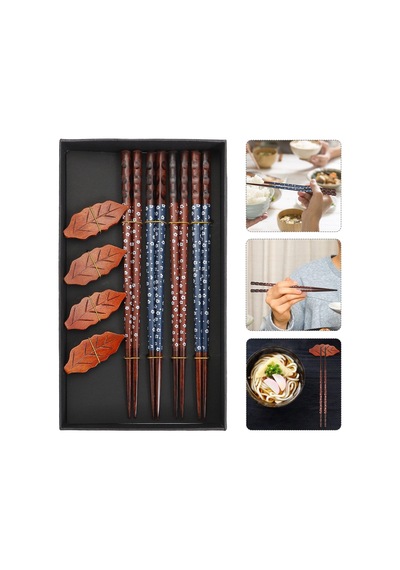 Valkyrie 4 Çift Doğal Ahşap Yemek Çubuğu Seti 8 Adet Japon Chopstick 4 Yaprak Ahşap Tutacak, Kutulu 22,5cm