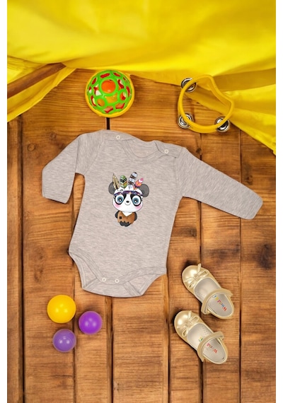 Bebetospik %100 Pamuklu Şaşkın Panda Baskılı Yumuşak Doku Baskılı Zıbın & Body Gri