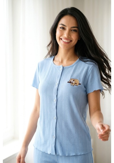 Aura Collections Kadın Ayıcık Desenli Bambu Viskon Kısa Kollu Soft Örme Pijama Takımı Mavi