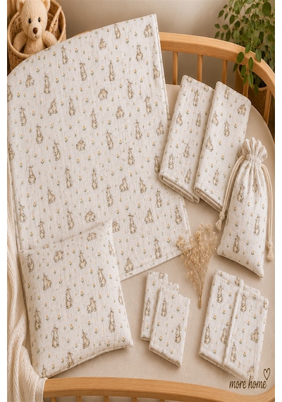 More Home Bebek Müslin Bez Battaniye Set 7 Parça Tavşanlı Bej