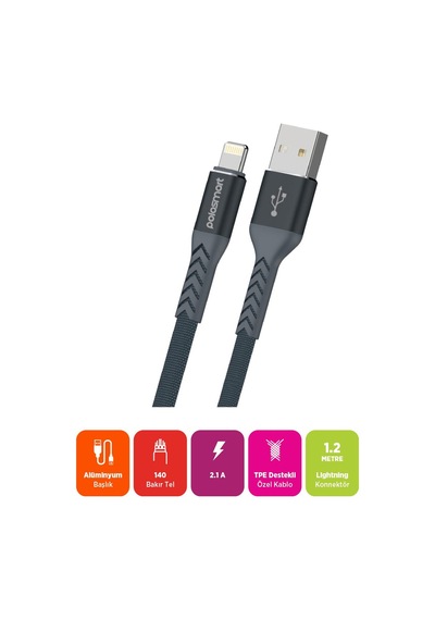 Polosmart Psm115 Lightning Şarj Ve Data Kablosu1.2 Metre Gri