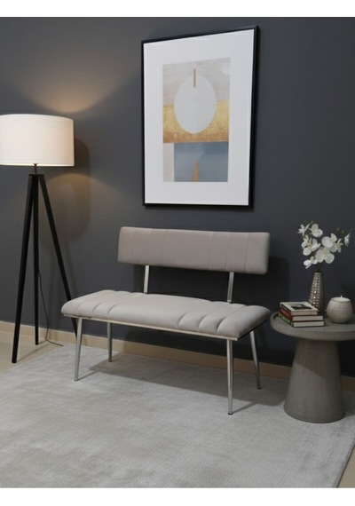 Özcan Metal Metal Ayaklı Metal Kasalı Sırtlı Krom Mutfak Salon Antre Yatak Odası Balkon Bench Puf Bank Oturak Krem