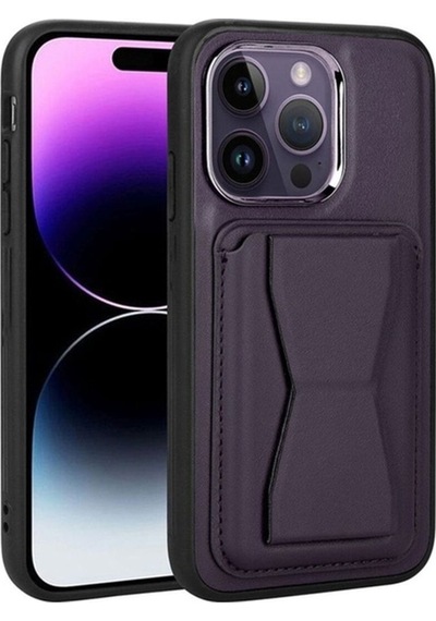 Apple Uyumlu iPhone 14 Pro Kılıf Kartlıklı Standlı Pu Deri Zore Memo Kapak Koyu Mor