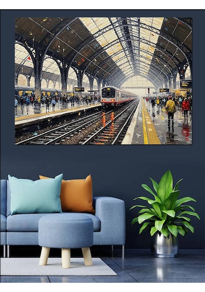 Gar İçinde Bekleyen Modern Tren Dekoratif Kanvas - Mdf Ahşap Tablo
