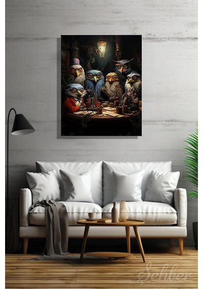 Kanvas Tablo Dikey Tekli Ev Kafe Ofis Masa Başında Steampunk Tarzında Giyinmiş Baykuşlar 2283