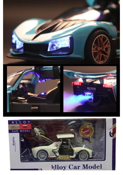 Sesli Işıklı Buhar Atan Metal Die Cast Model Beyaz Spor Oyuncak Araba 20x8x5 Cm Çok Renkli