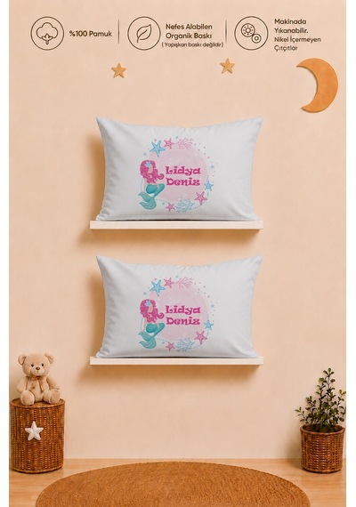 İsme Özel Kız Bebek 2'li Yastık Kılıfı 35x45 Cm %100 Pamuk Organik Baskılı İsimli Bebek Hediyesi 2073y2