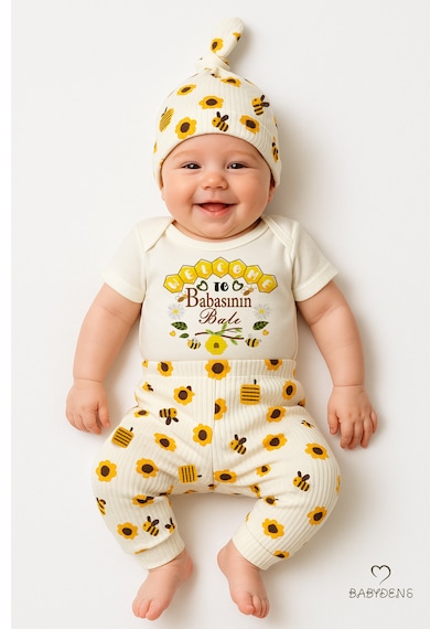 Babyden's 3 Lü Yenidoğan Takım Babasının Balı Baskılı Kısa Kol Body Arı,çiçek Desenli Pantolon Bere Ekru - Sarı