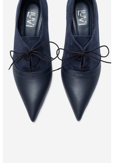 Luvi Shoes Medley Lacivert Süet Lacivert Cilt Bağcıklı Kadın Topuklu Ayakkabı