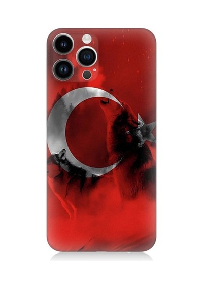 Apple Uyumlu iPhone 14 Pro Max Türk Bayrağı Ve Kurt Desenli Silikon Kılıf