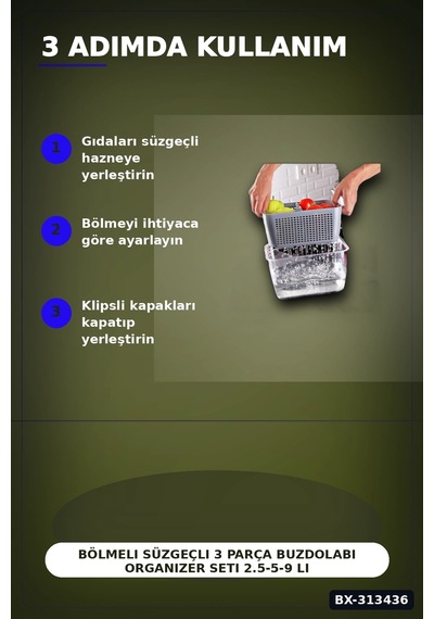 Bölmeli Süzgeçli 3 Parça Buzdolabı Organizer Seti 2.5-5-9 Litre Kilitli Kapak Bx-313436 Diğer