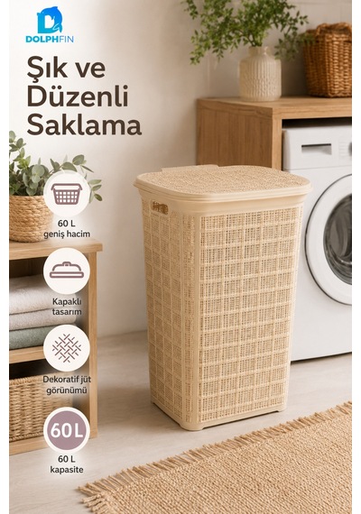 Jute Kirli Çamaşır Sepeti 60 L 46x40x58 Cm Oyuncak Saklama Taşıma Banyo Düzenleyici Sepet Bej