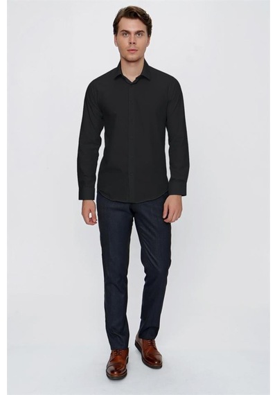 İmza Siyah Klasik Yaka Uzun Kol Cepsiz Slim Fit Basic Pamuklu Gömlek 1004255057