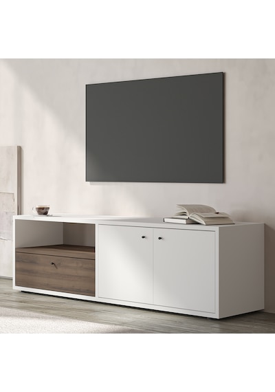 Pao Kapaklı Minimal TV Sehpası – 136 cm, Beyaz/Antik Ceviz
