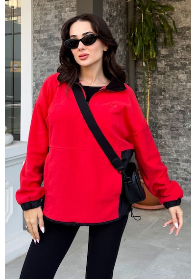 Tommy Life Fiesta Yarım Fermuar Etek Ucu Büzgülü Dik Yaka Oversize Kadın Polar Sweatshirt - 97236 Kırmızı