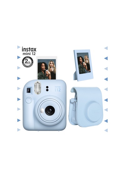 Fujifilm Instax Mini 12 Fotoğraf Makinesi + Çerçeve + Deri Kılıf Seti Mavi