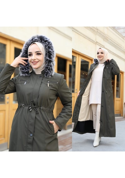 KMKkombin BATTAL BÜYÜK BEDEN KADIN TAMAMEN KÜRKLÜ PARDESÜ & MONT Haki